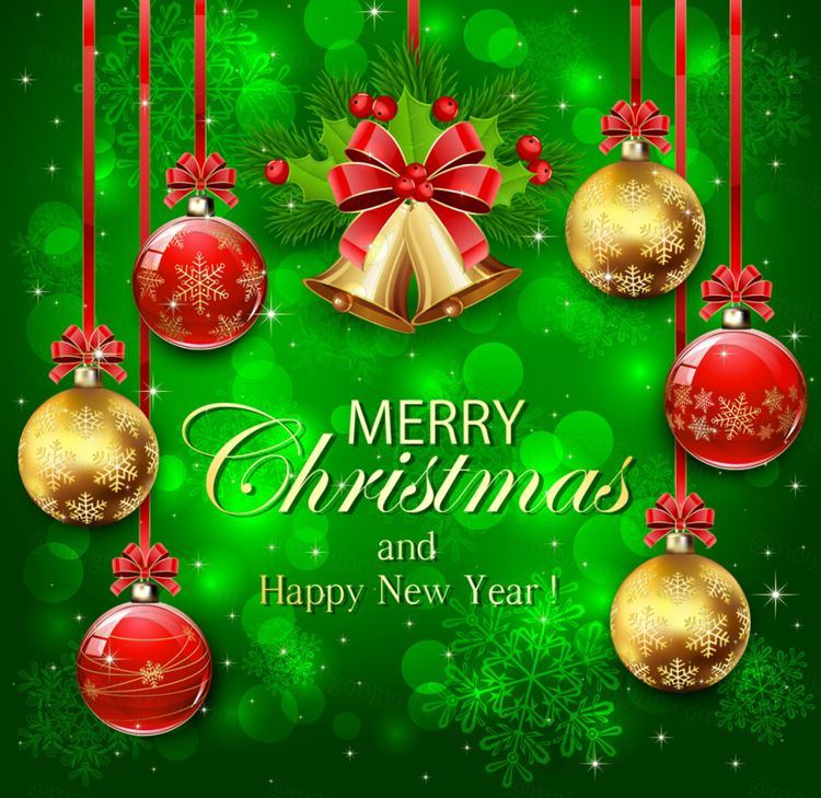 绿色闪光背景雪花圣诞球金色铃铛蝴蝶结圣诞节插图矢量设计素材Merry Christmas