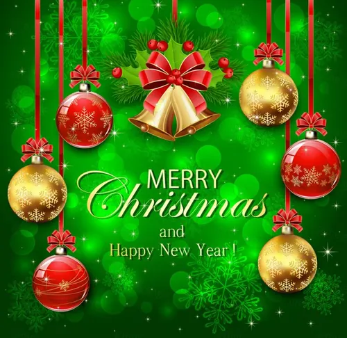 绿色闪光背景雪花圣诞球金色铃铛蝴蝶结圣诞节插图矢量设计素材Merry Christmas