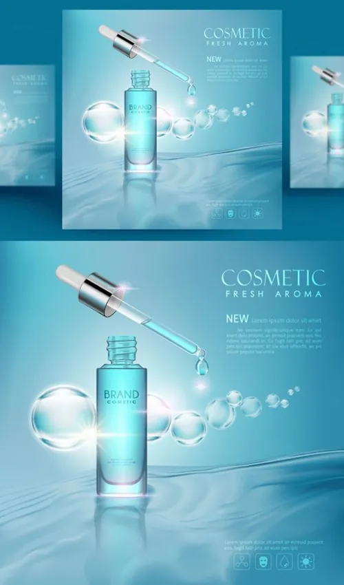 蓝色化妆品护肤品精华产品广告矢量3D插图设计素材Cosmetic products ad