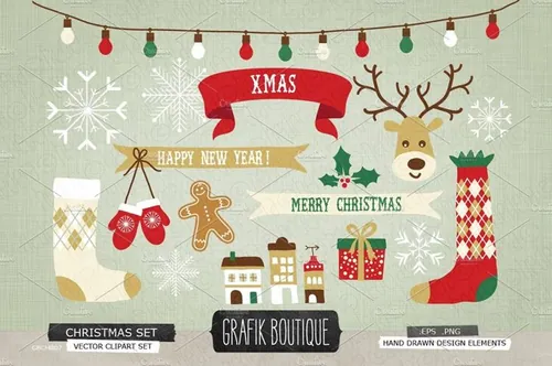 手绘圣诞节装饰素材包Christmas clip art set socks rudolf