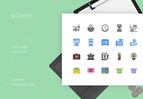 200个金融货币钱投资填充轮廓矢量图标集Money
