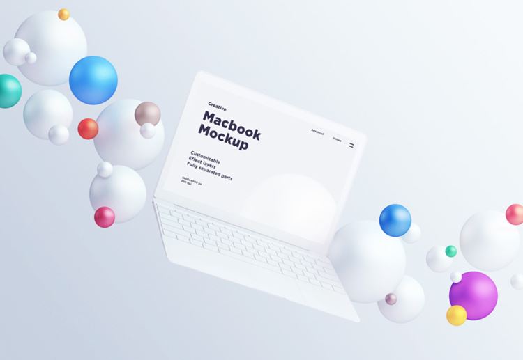 苹果笔记本电脑立体球概念场景样机贴图模版 Macbook with spheres