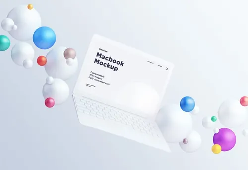 苹果笔记本电脑立体球概念场景样机贴图模版 Macbook with spheres