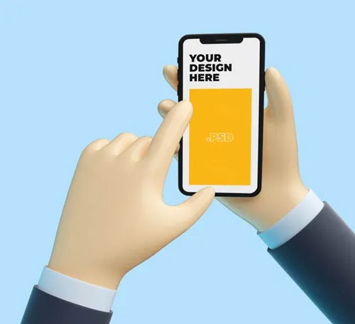 卡通手持手机APP设计提案UI界面贴图样机模板 3d cartoon hand with phone mockup