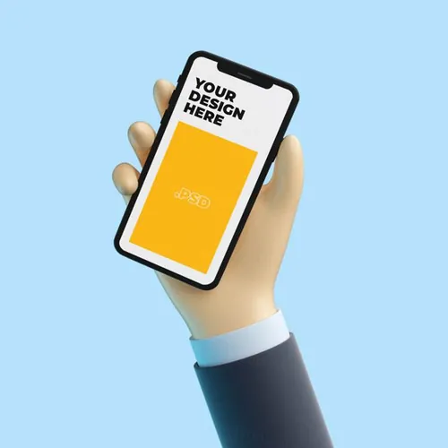 卡通手持手机APP设计提案UI界面贴图样机模板 3d cartoon hand with phone mockup