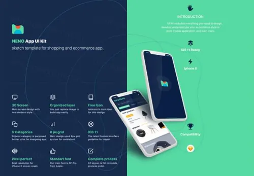30个漂亮的电子商务购物iOS 11移动屏幕App UI Kit工具包NENO