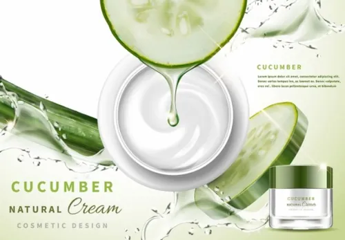 Ai矢量绿色黄瓜补水化妆护肤品面霜海报设计素材Cosmetic vector Poster