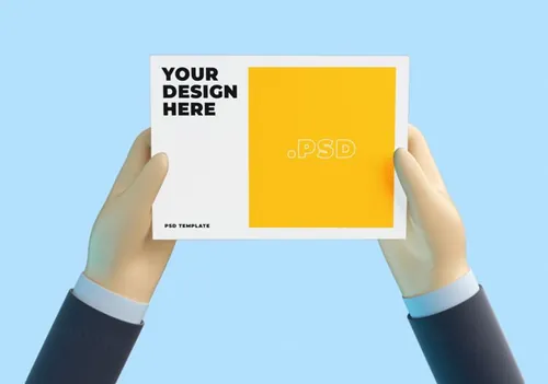 3D卡通手持传单海报设计提案样机PSD模板 3d cartoon hand with flyer mockup