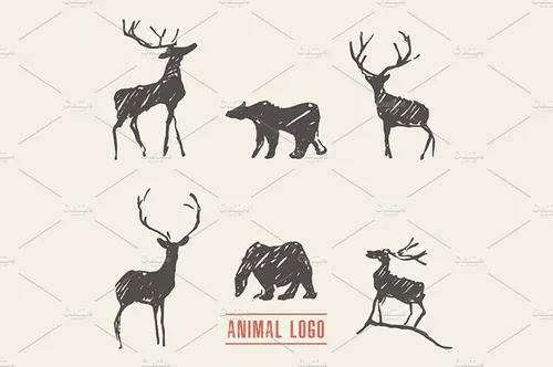 手绘动物矢量插图Deer and bears for a logotype