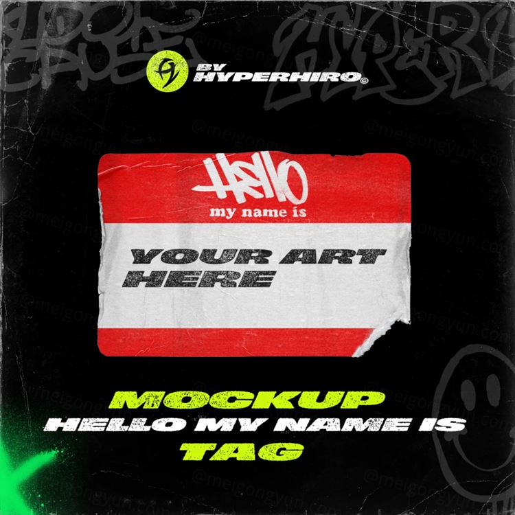 潮流复古做旧仿旧酸性艺术贴纸标签样机PSD模板 Mockup Hello my name is tag