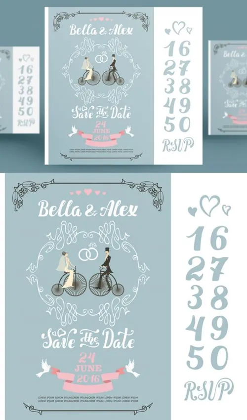 浪漫婚礼花卉邀请卡手写文字数字请柬海报矢量设计素材Wedding floral invitation