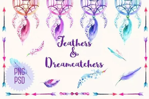 羽毛追梦者元素水彩插画Watercolor Feathers