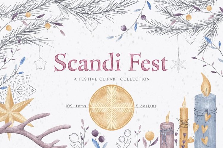 冬日冷色调圣诞手绘花卉系列元素 Scandi Fest co