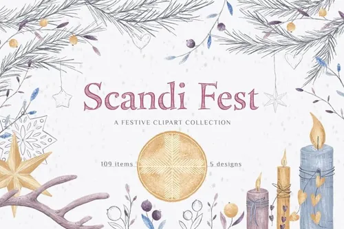 冬日冷色调圣诞手绘花卉系列元素 Scandi Fest co