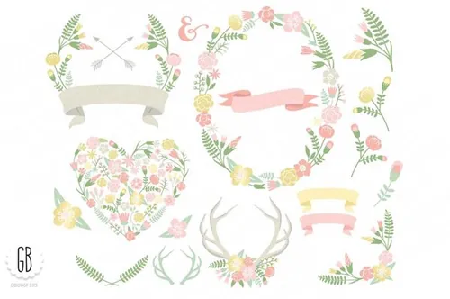手绘花卉植物设计素材Flower wreaths pastel heart antlers