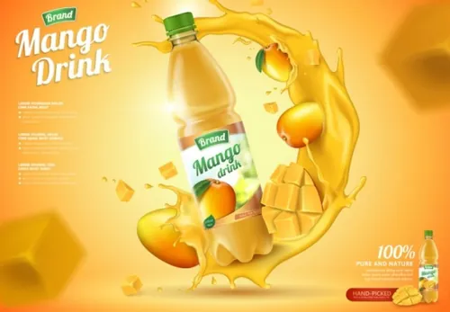 黄色芒果汁饮料水花飞溅AI矢量海报设计素材模板Summer Drinks 05