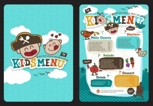 彩色可爱卡通海盗儿童餐菜单矢量设计素材模板Cute colorful kids meal menu