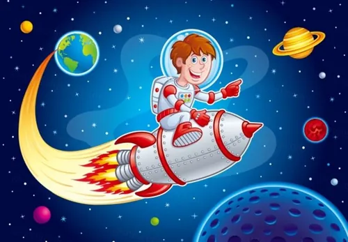 卡通地球火箭发射外太空火箭男孩矢量插图绘画设计素材Rocket Boy