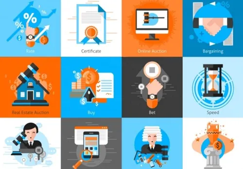 古董房地产交易对象拍卖锤子图标平面矢量插图Trading flat isolated vector