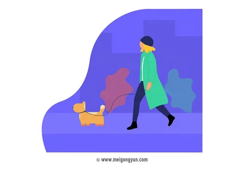 扁平化风格现代女人遛狗场景插图矢量元素Flattened vector elements