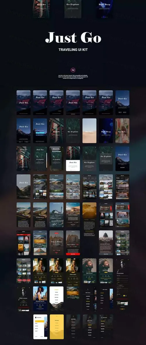深色的世界名胜旅行类APP UI KITS套装[XD]