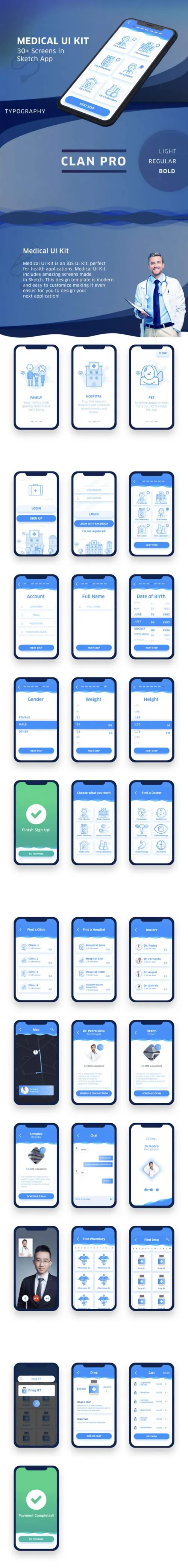 iPhone X医疗就诊和预约类APP Ui Kits模板下载[Ske