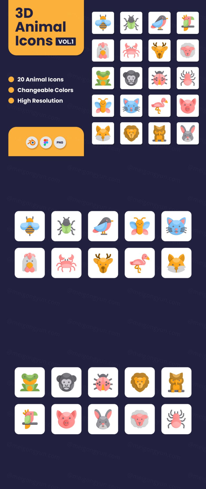 三维Blender渲染剪纸风卡通动物图标合辑 3D Animal Ic