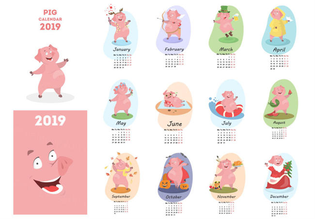 年卡通猪创意日历EPS矢量模版 Pig calendar for