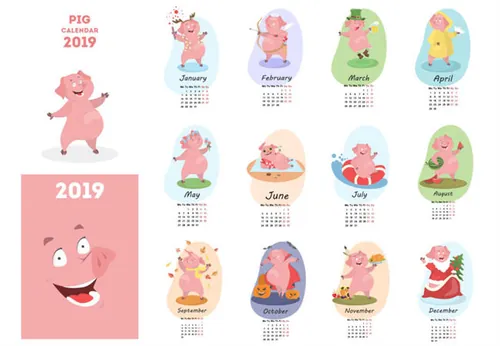 年卡通猪创意日历EPS矢量模版 Pig calendar for