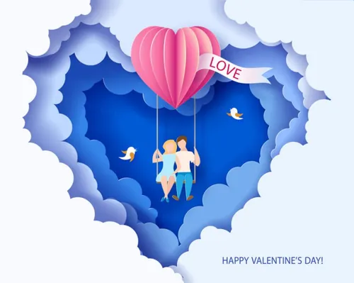 剪纸工艺抽象背景EPS矢量情人节贺卡海报素材天空背景下荡秋千的情侣