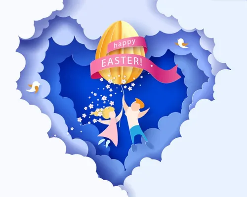 剪纸工艺抽象背景EPS矢量复活节贺卡海报素材蓝色天空背景下情侣