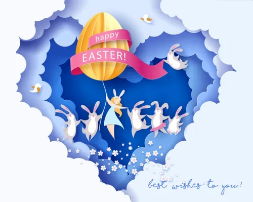 剪纸工艺抽象背景EPS矢量复活节贺卡海报素材蓝色天空背景下兔子和女孩