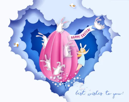 剪纸工艺抽象背景EPS矢量复活节贺卡海报素材蓝色天空背景下兔子和女孩