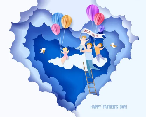 男人和孩子彩色气球剪纸工艺抽象背景EPS矢量父亲节贺卡海报素材