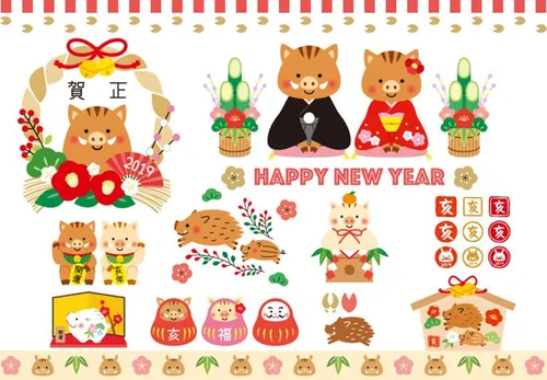 2019年东方猪年己亥年贺年传统矢量免扣素材合集包