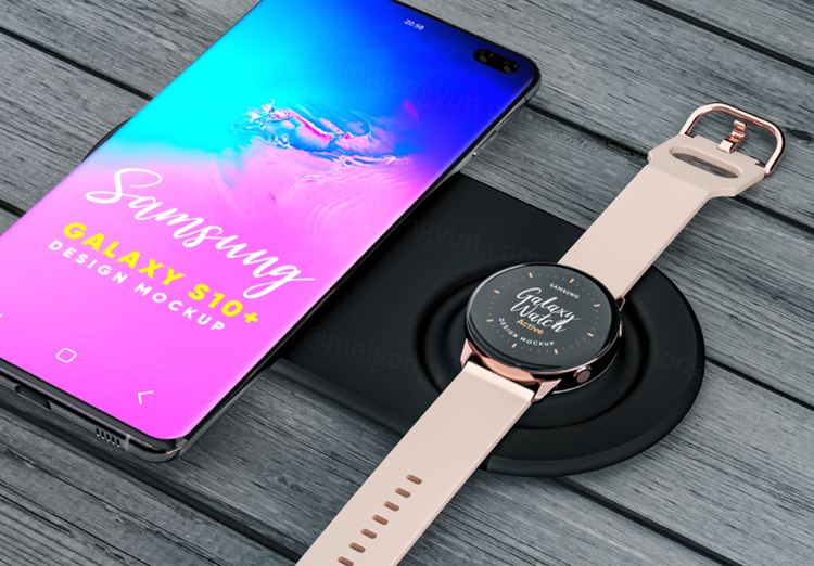 三星智能手机手表UI贴图样机PSD模板 Samsung Galaxy S10+  Galaxy Gear Mockup