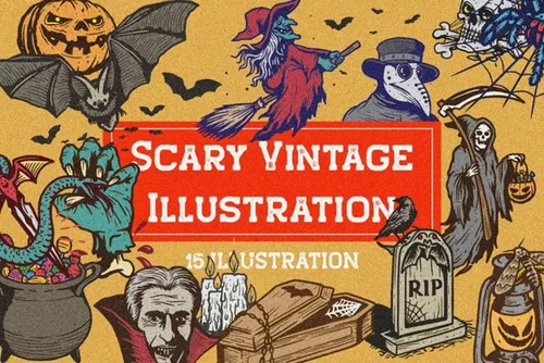 复古万圣节恐怖装饰元素插画合集 Scary Vintage