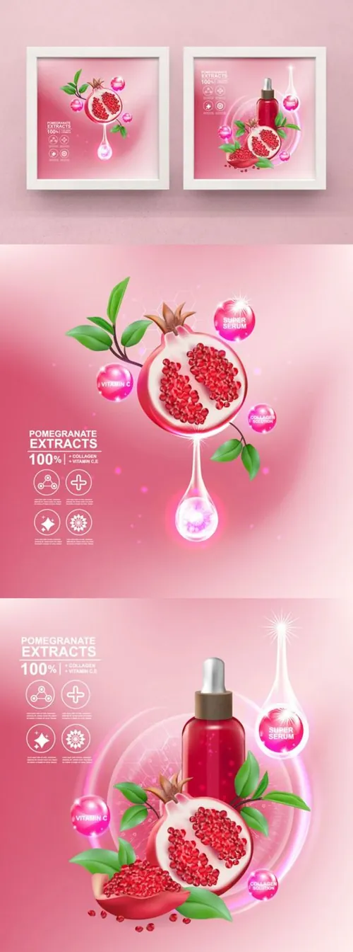 红石榴护肤精华广告宣传矢量海报素材 Pomegranate Repair