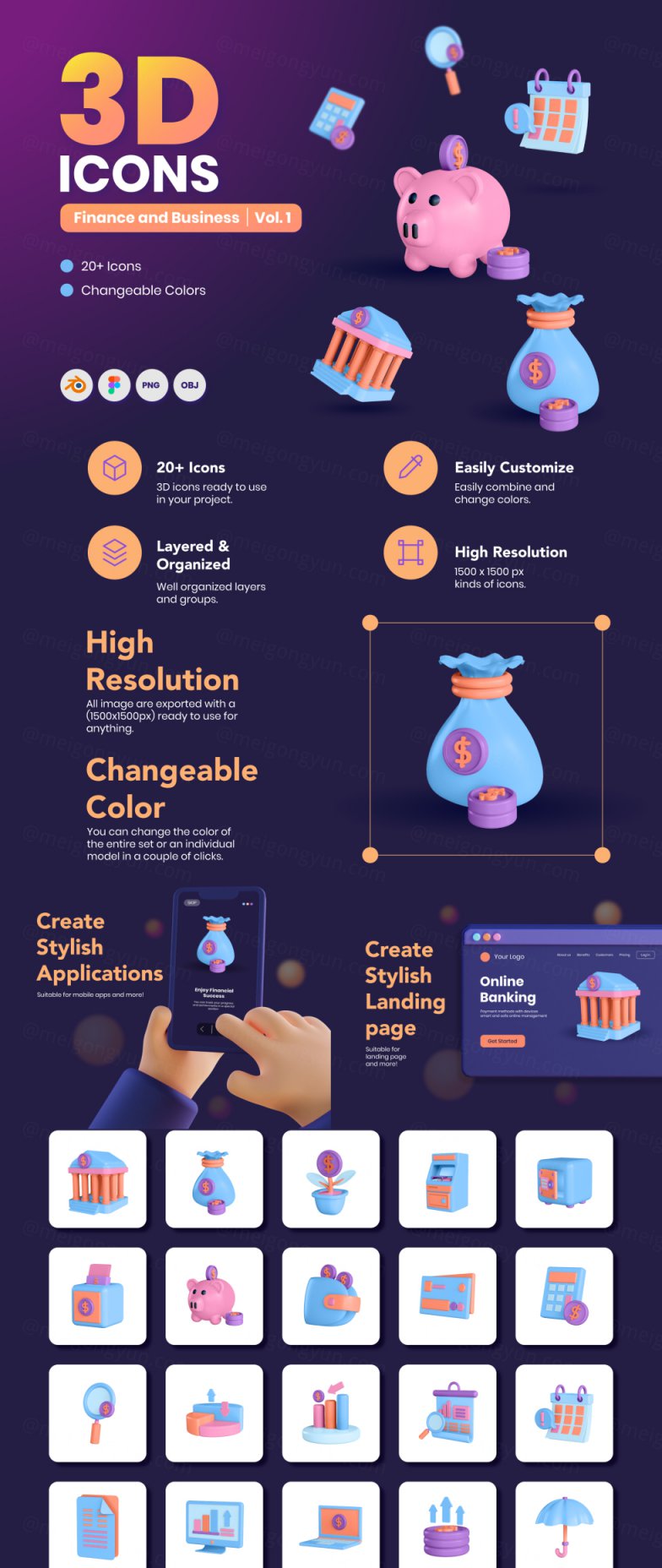 三维Blender渲染金融商业投资理财主题图标合辑 3D Financ