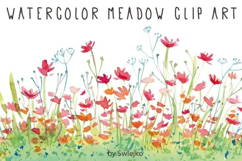 手绘水彩春天花田设计素材Watercolor Clip Art , Flowers