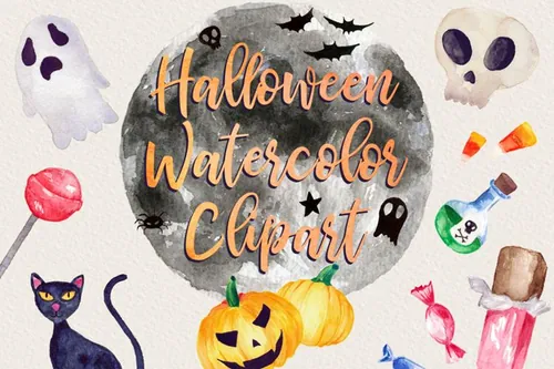 怪诞的万圣节水彩剪贴画合集包素材 Halloween Wat