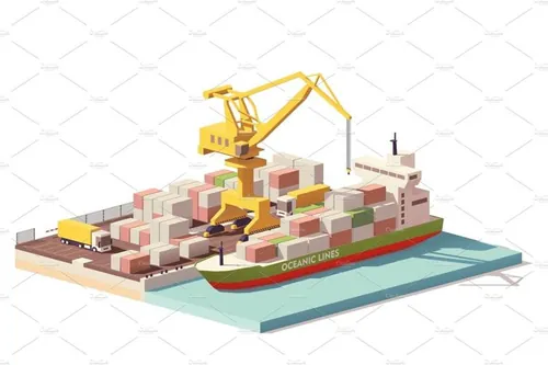 矢量等距码头集装箱图标素材Vector low poly port container terminal and ship