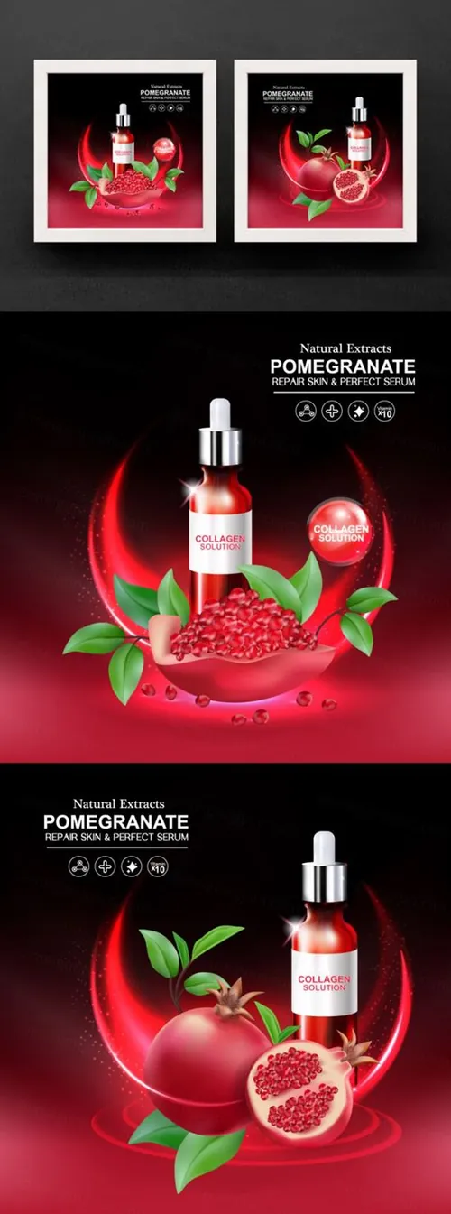 红石榴护肤精华广告宣传矢量海报素材 Pomegranate Repair