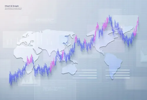 全球跨国贸易世界地图创意股票K线图数据图表PSD商业合成海报模板素材