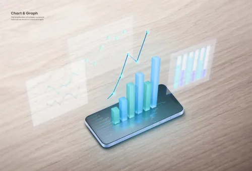 手机AR全息投影虚拟影像彩色创意柱形图数据图表PSD商业合成海报模板素材