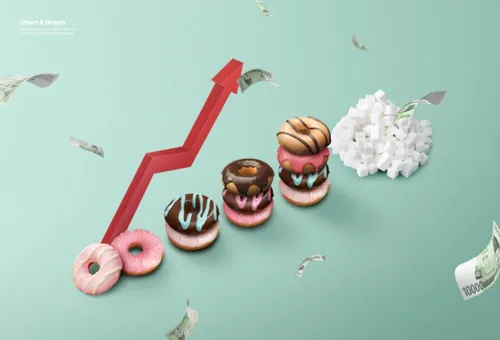 巧克力甜甜圈消费预算通货膨胀创意卡通柱形图数据图表PSD商业合成海报模板素材