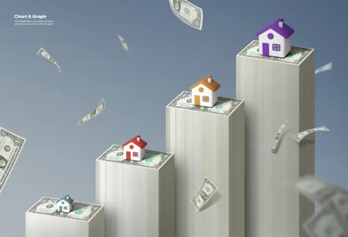 三维渲染房地产贷款房价上涨住房经济创意柱形图数据图表PSD商业合成海报模板素材