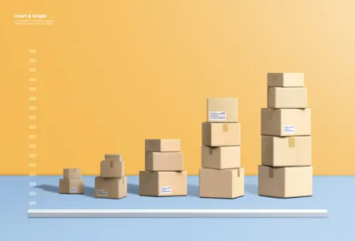 三维渲染快递包裹航运物流贸易纸箱创意柱形图数据图表PSD商业合成海报模板素材