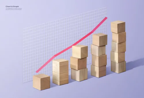 三维渲染木头立方体材料市场创意柱形图数据图表PSD商业合成海报模板素材