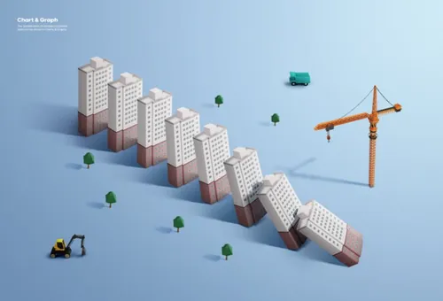 房地产楼市公寓建筑市场坍塌创意柱形图数据图表PSD商业合成海报模板素材